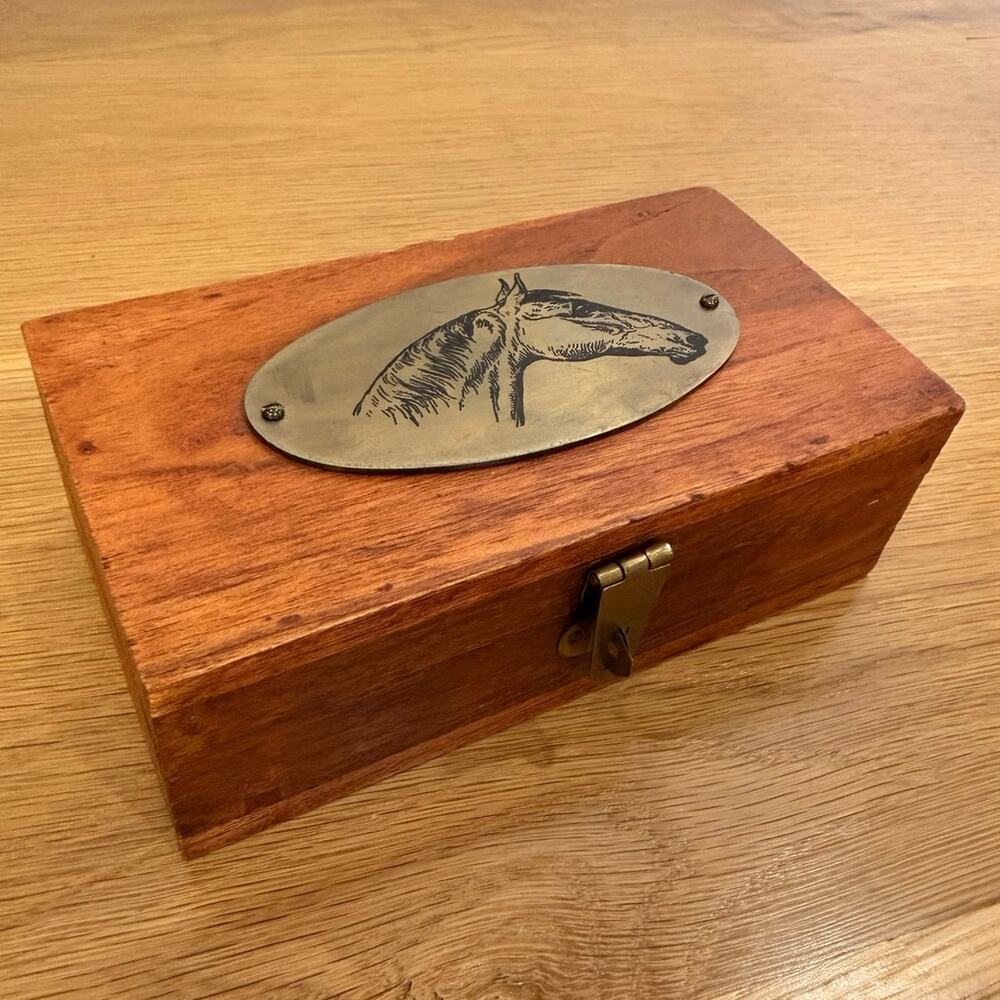 Vintage Style Wooden Horse Keepsake Box Metal Plaque Hinged Lid